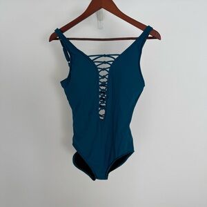 Aqua Green Teal Lace-Up One-Piece Swimsuit Medium NWOT